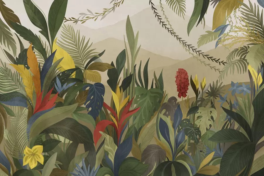 fototapet Frunziș tropical cu frunze mari și flori w05019