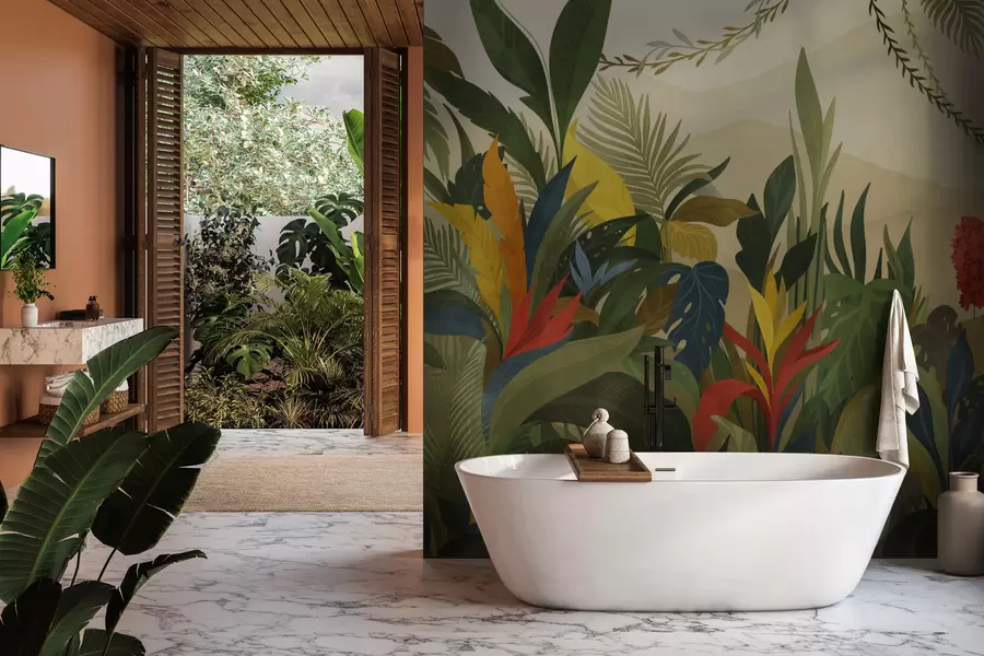 fototapet Frunziș tropical cu frunze mari și flori w05019