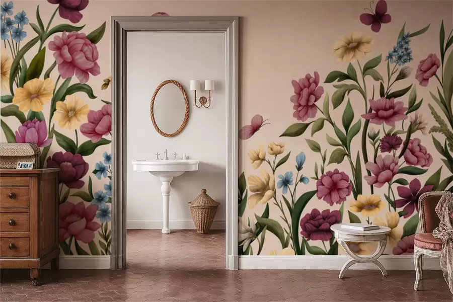 fototapet Compoziție florală cu plante și fluturi pe fundal deschis w05072