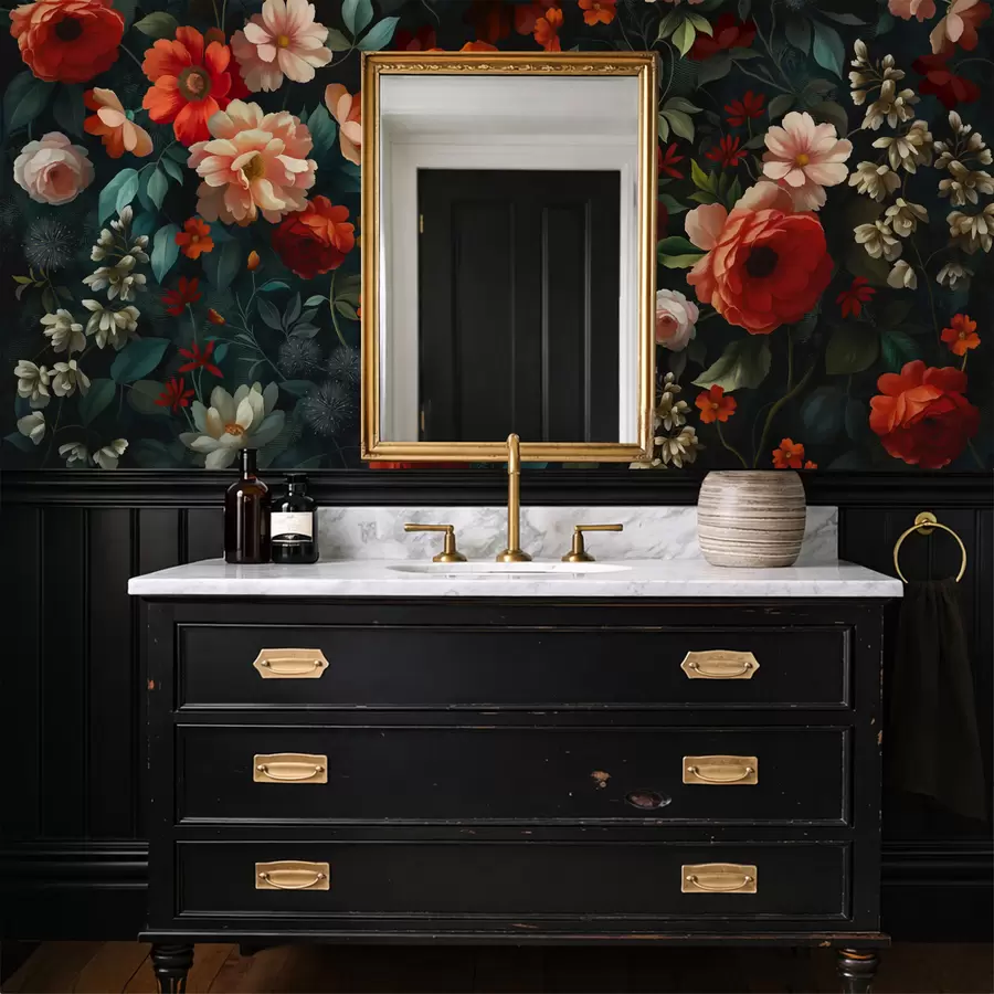 fototapet Model floral închis la culoare, cu flori luxuriante de grădină w05087