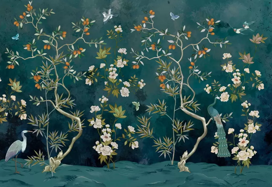 fototapet Scena decorativă cu copaci, flori și păsări pe fundal întunecat w05004