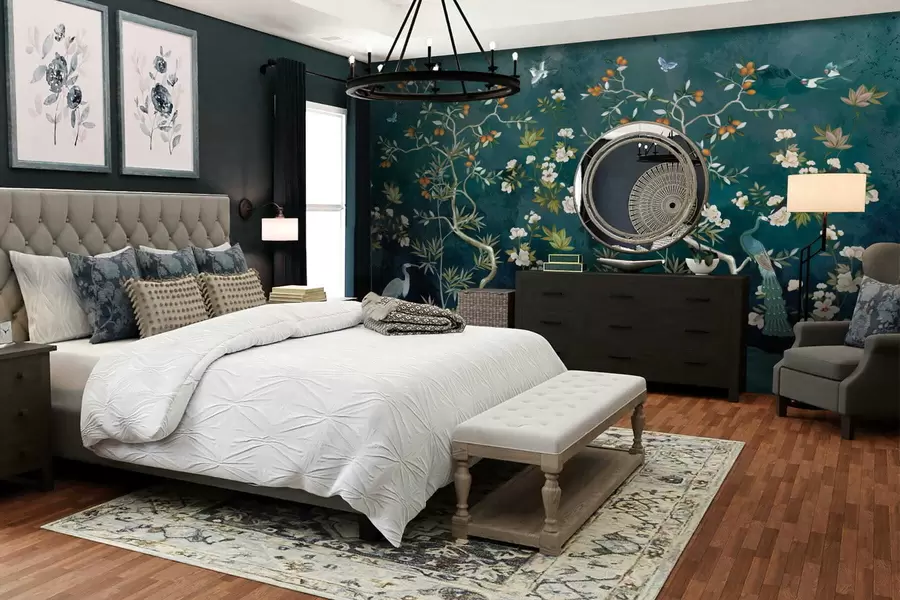 fototapet Scena decorativă cu copaci, flori și păsări pe fundal întunecat w05004