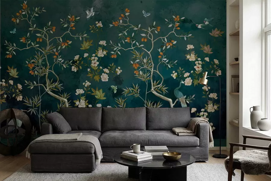 fototapet Scena decorativă cu copaci, flori și păsări pe fundal întunecat w05004