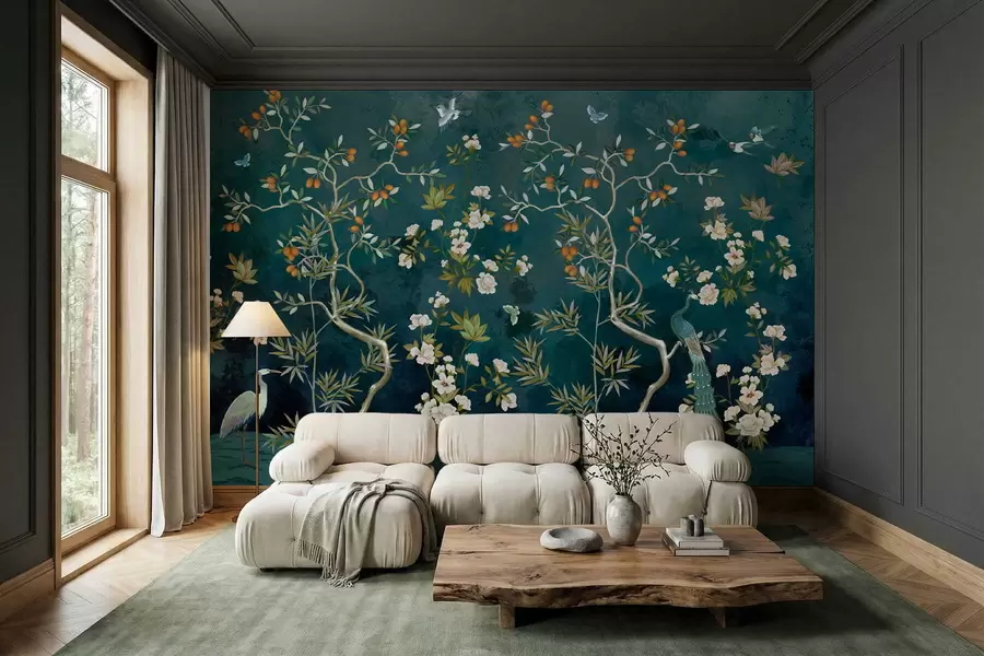 fototapet Scena decorativă cu copaci, flori și păsări pe fundal întunecat w05004