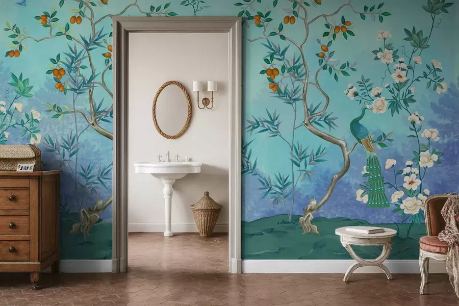 fototapet Scena cu copaci, flori și păsări, fundal albastru w05004v2