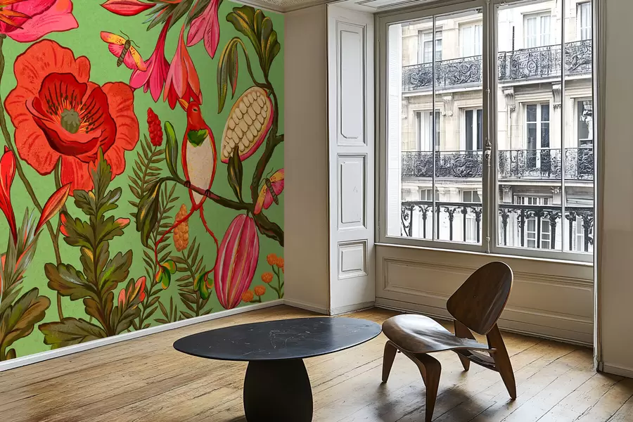 fototapet Flori decorative și păsări pe fundal verde w05036v1