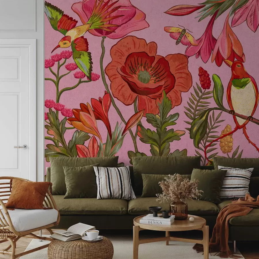 fototapet Flori decorative și păsări pe fundal roz w05036v2