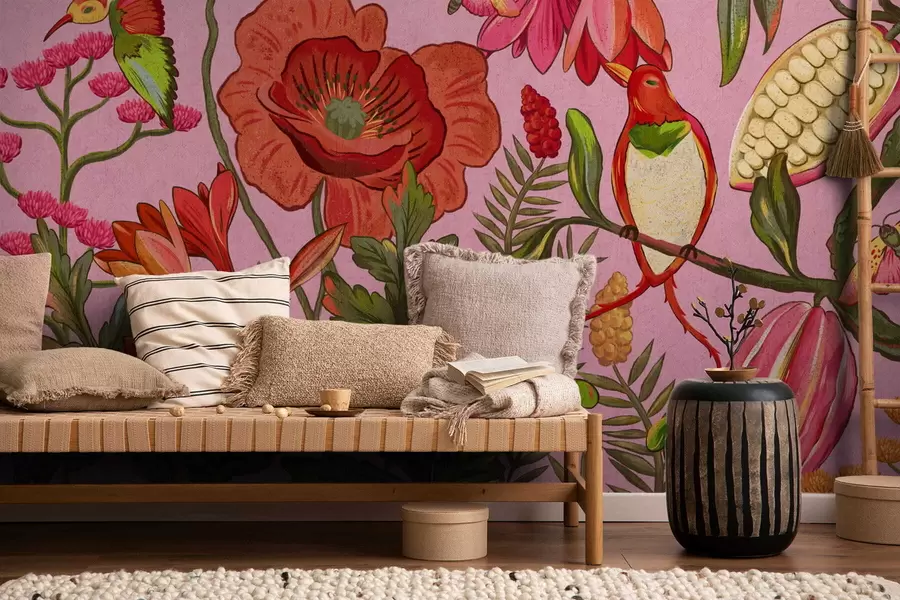 fototapet Flori decorative și păsări pe fundal roz w05036v2