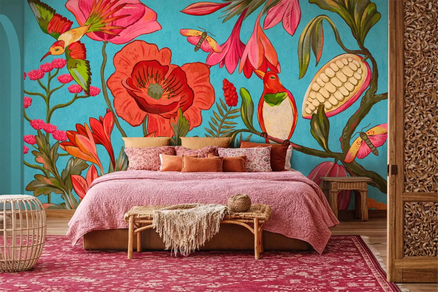 fototapet Flori decorative și păsări pe fundal albastru w05036v3