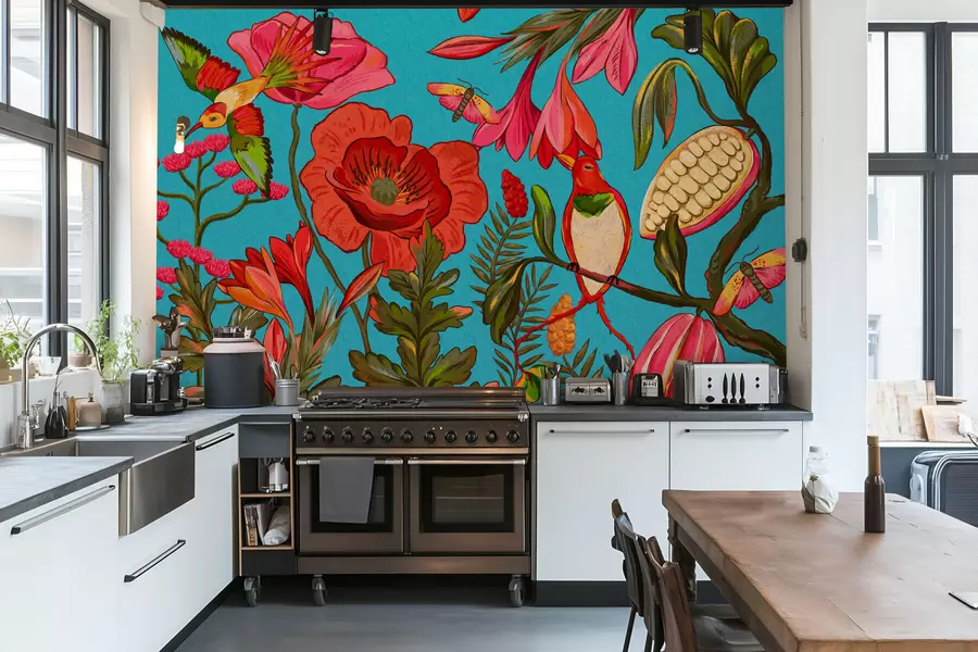 fototapet Flori decorative și păsări pe fundal albastru w05036v3