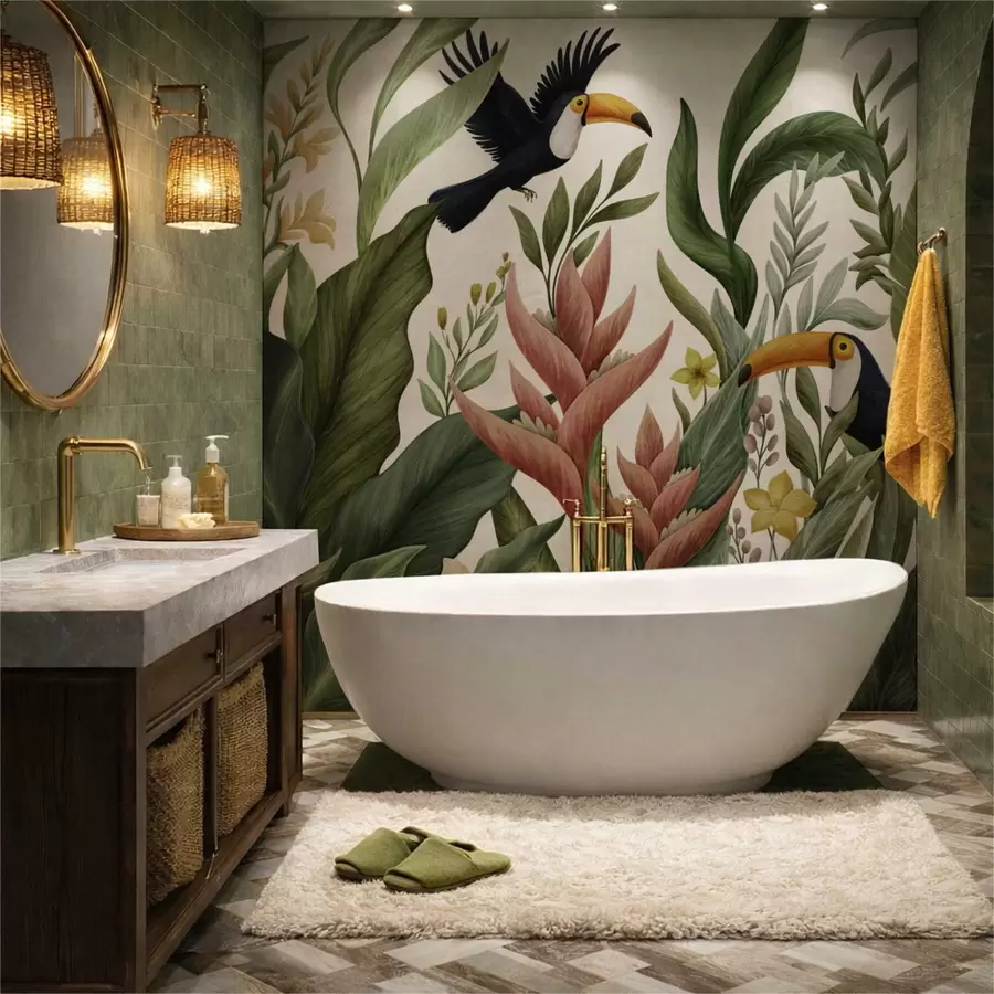 fototapet Plante tropicale și păsări cu cioc mare pe fundal deschis w05088v1