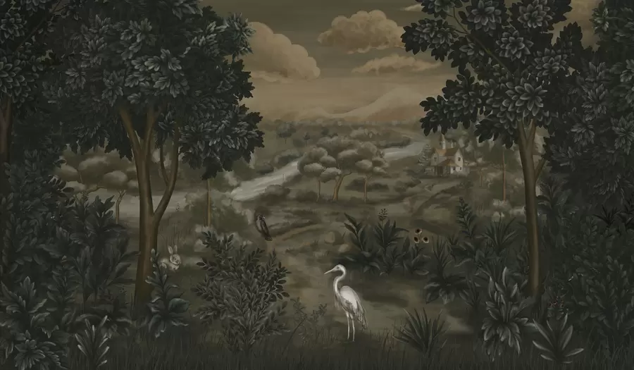 fototapet Peisaj fantastic cu râu, casă și păsări printre copaci w05090