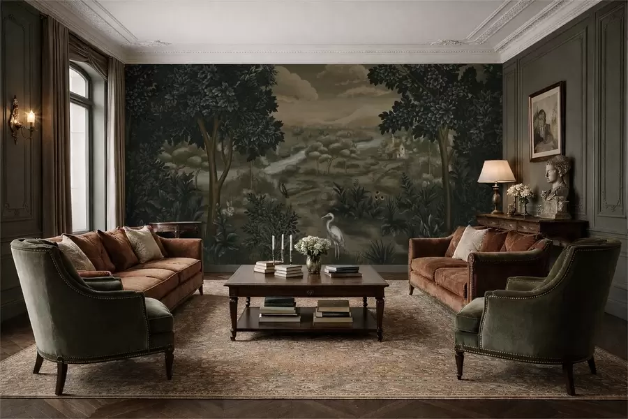 fototapet Peisaj fantastic cu râu, casă și păsări printre copaci w05090