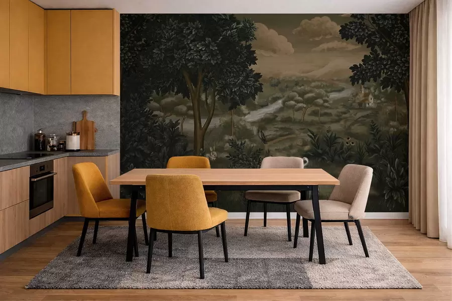 fototapet Peisaj fantastic cu râu, casă și păsări printre copaci w05090