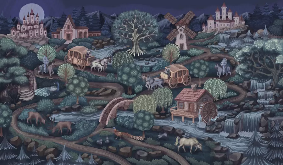 fototapet Scena nocturnă cu castele, mori și pădure w05091