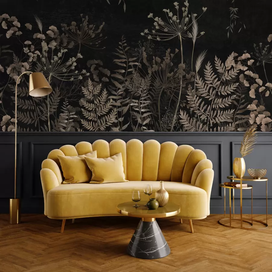 fototapet Model botanic întunecat cu flori și frunze w05092