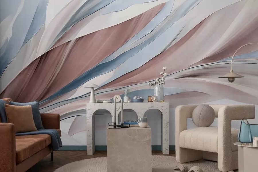 fototapet Valuri abstracte albastre și maro, cu forme și linii subțiri, pe un fundal alb, artă texturată w09585v1