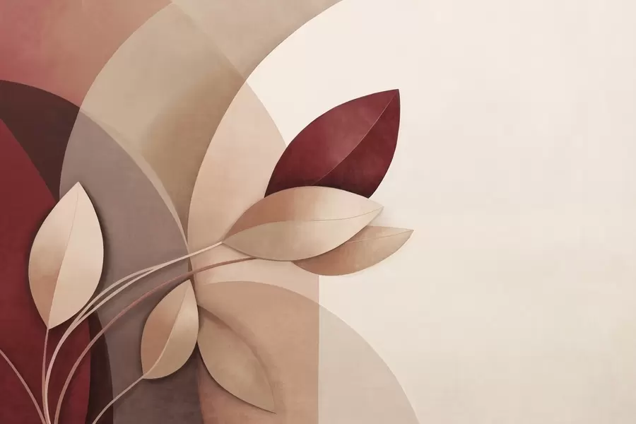 fototapet Ramură abstractă texturată cu frunze în nuanțe de maro, bej și roșu, pe un fundal de forme abstracte w09618