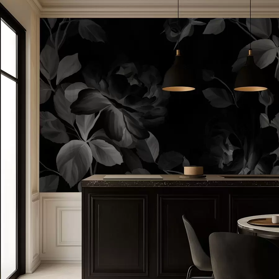 fototapet trandafiri pitorești alb-negru în stilul picturii în ulei w04873v1