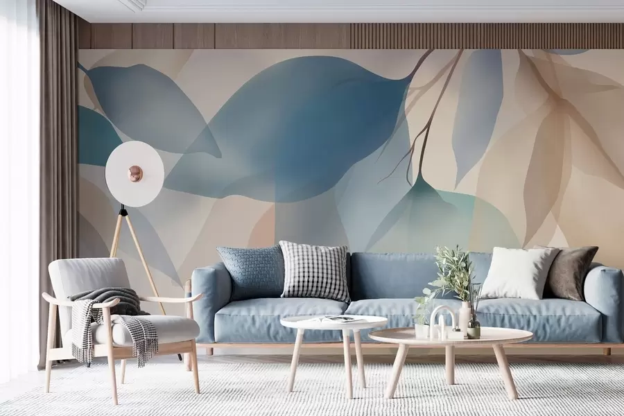 fototapet frunze elegante, semitransparente, în nuanțe de albastru și bej w05060