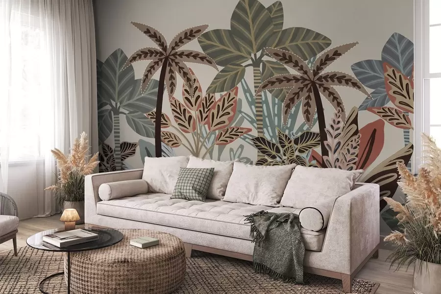 fototapet Plante tropicale texturate și palmieri cu culori discrete în stil boho decorativ pe un fundal crem w09639