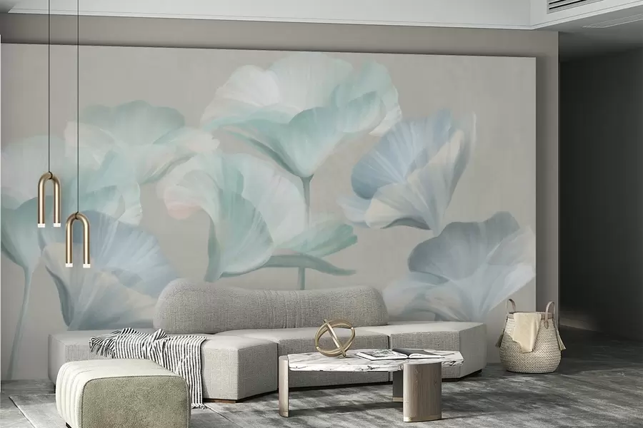 fototapet Flori de lotus translucide, de culoare turcoaz pal, cu textură și petale delicate, pe un fundal gri discret w09640v2