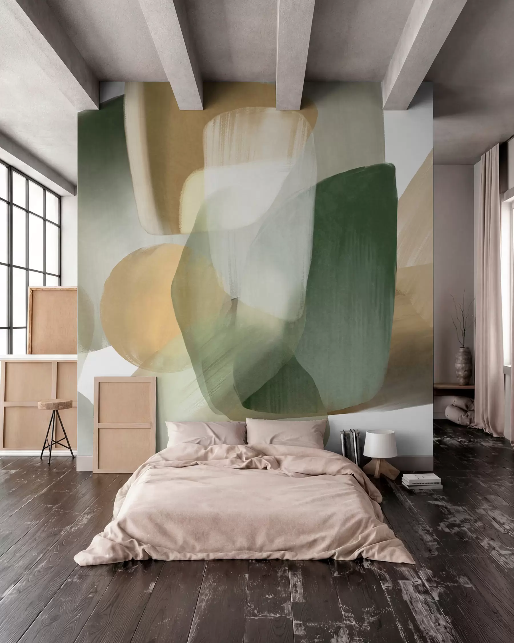 fototapet Forme abstracte texturate în culori discrete de verde și bej, cu margini moi și straturi suprapuse w09642