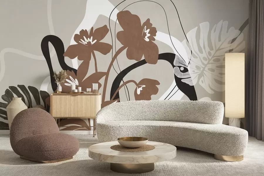 fototapet Flori maro abstracte cu textură, cu forme albe și negre pe fond bej, artă minimalistă w09645v1