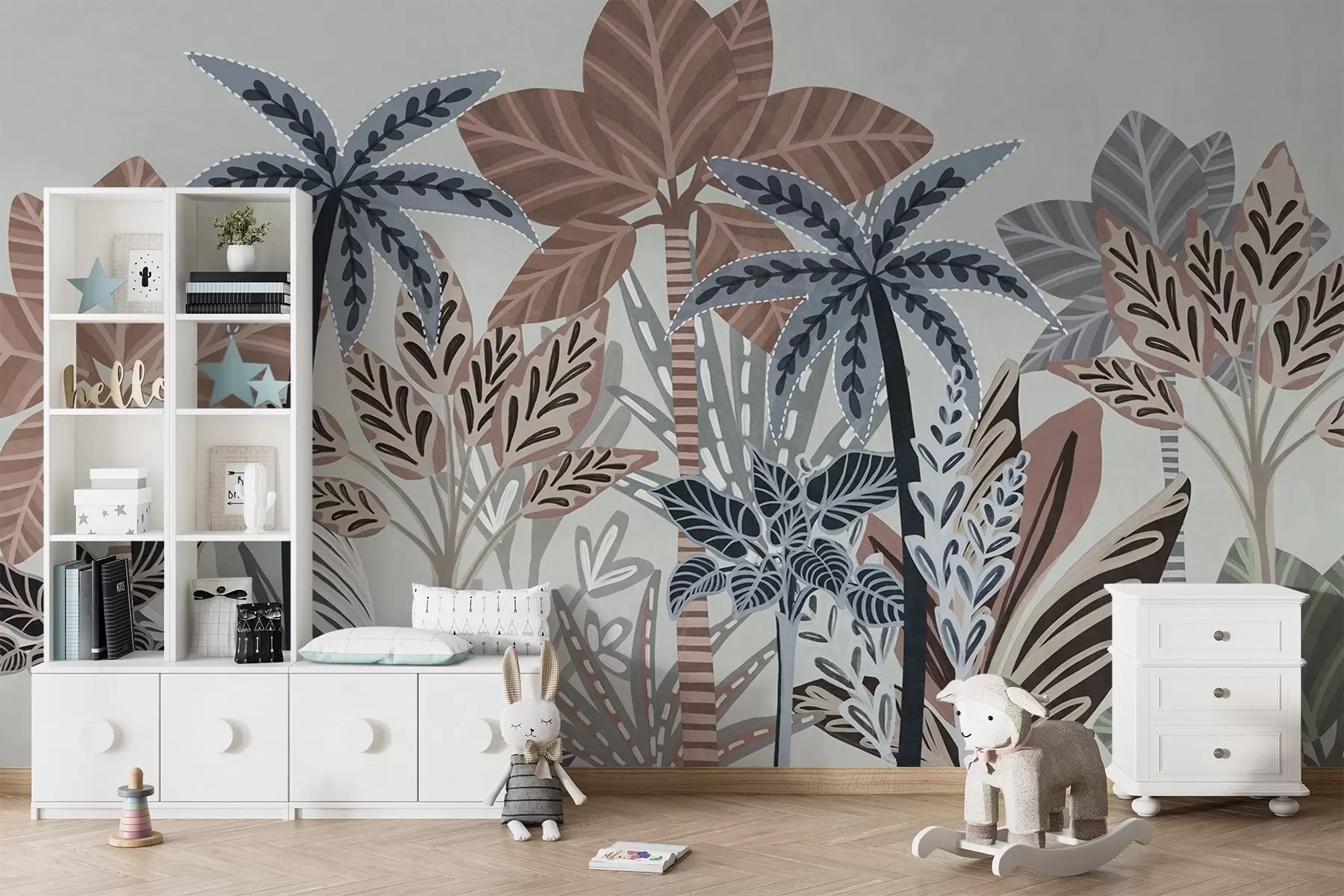 fototapet Plante tropicale texturate și palmieri cu culori discrete în stil boho decorativ pe un fundal gri w09639v1