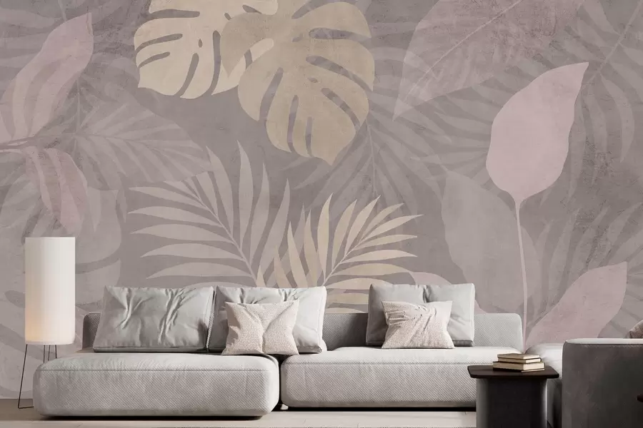 fototapet frunze tropicale texturate pe fundal gri w05063v1