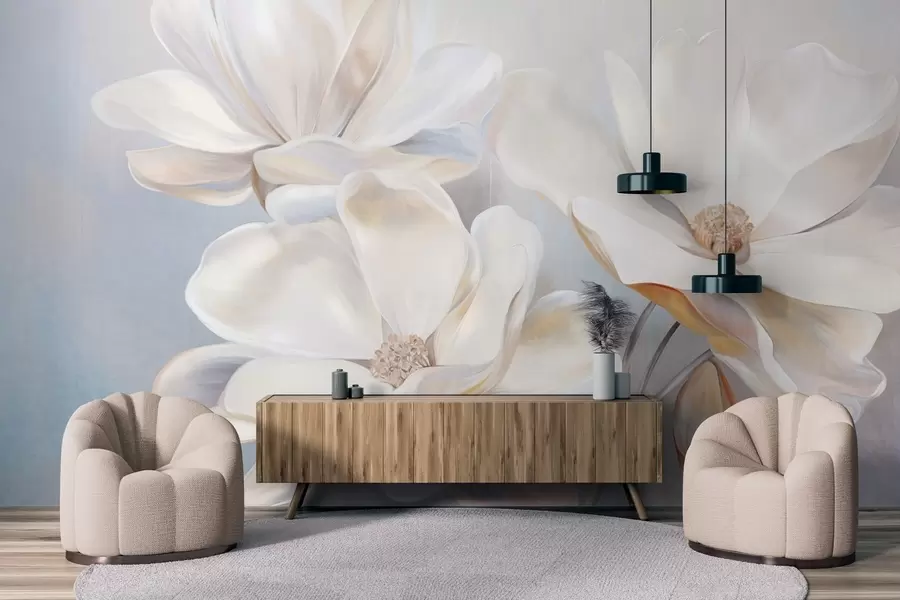 fototapet Flori albe de magnolie cu petale delicate, texturate, pe un fundal abstract, delicat w09373