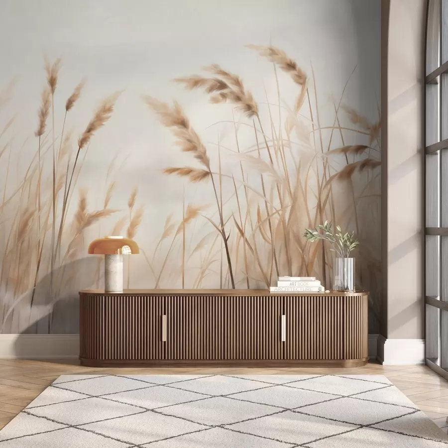 fototapet Iarbă uscată, înaltă, cu textură, cu spice de grâu în câmp, pe un fundal moale, pal w09648