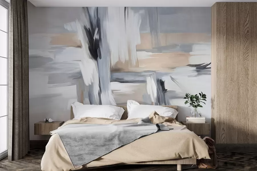 fototapet Stil pictural abstract texturat, cu tușe de pensulă în nuanțe de alb, gri și bej w09651