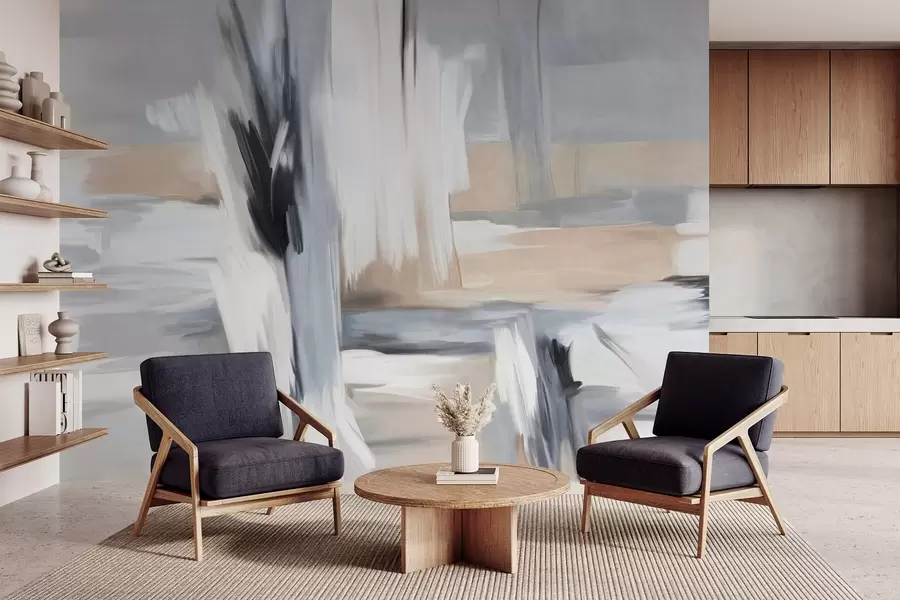 fototapet Stil pictural abstract texturat, cu tușe de pensulă în nuanțe de alb, gri și bej w09651