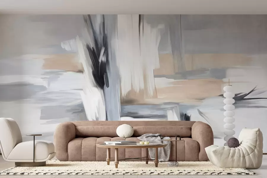 fototapet Stil pictural abstract texturat, cu tușe de pensulă în nuanțe de alb, gri și bej w09651