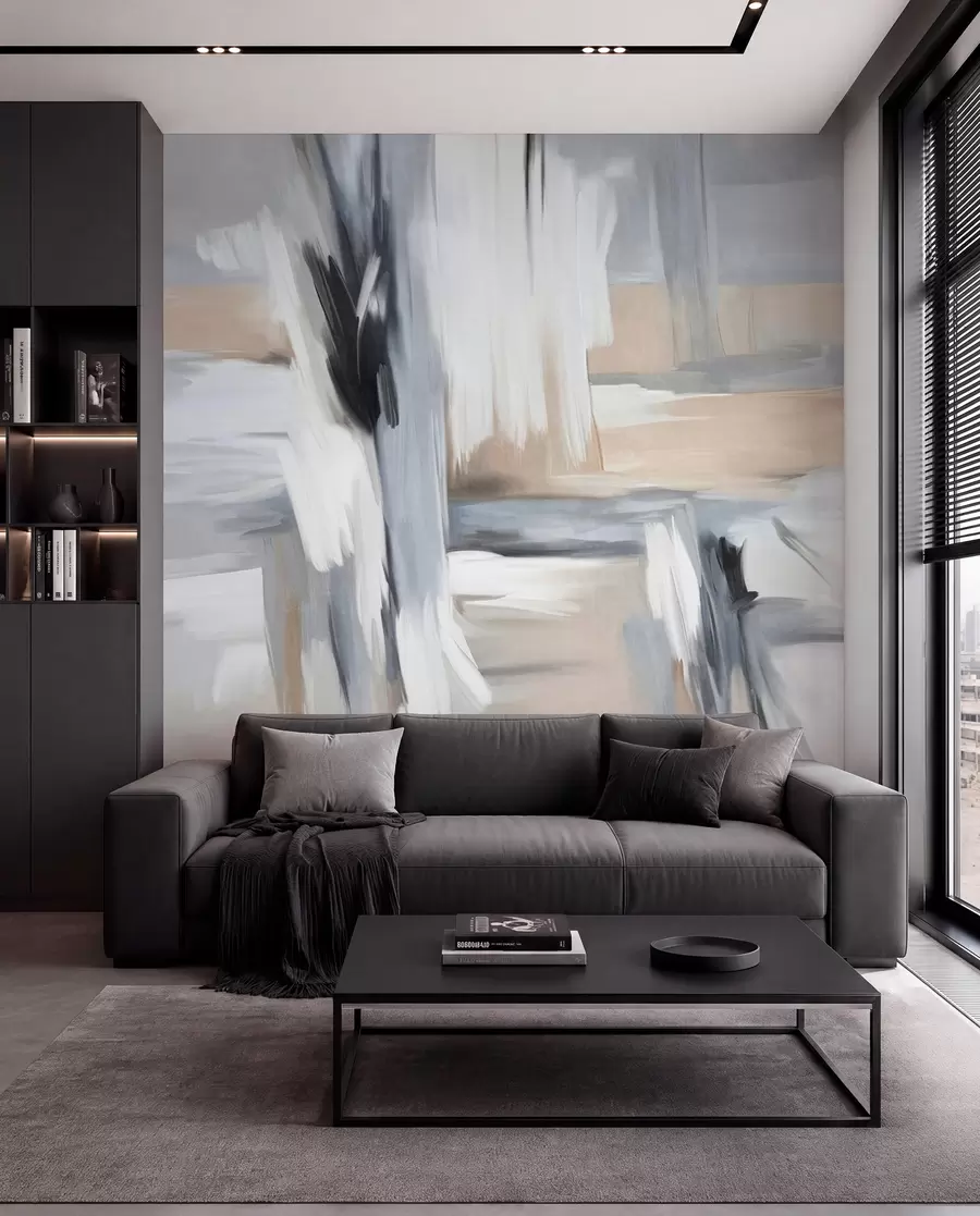 fototapet Stil pictural abstract texturat, cu tușe de pensulă în nuanțe de alb, gri și bej w09651