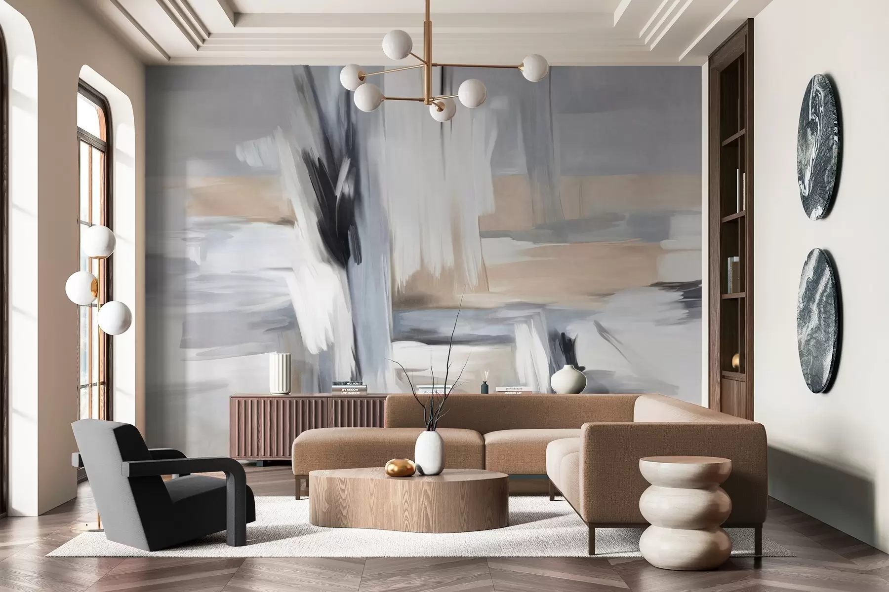 fototapet Stil pictural abstract texturat, cu tușe de pensulă în nuanțe de alb, gri și bej w09651