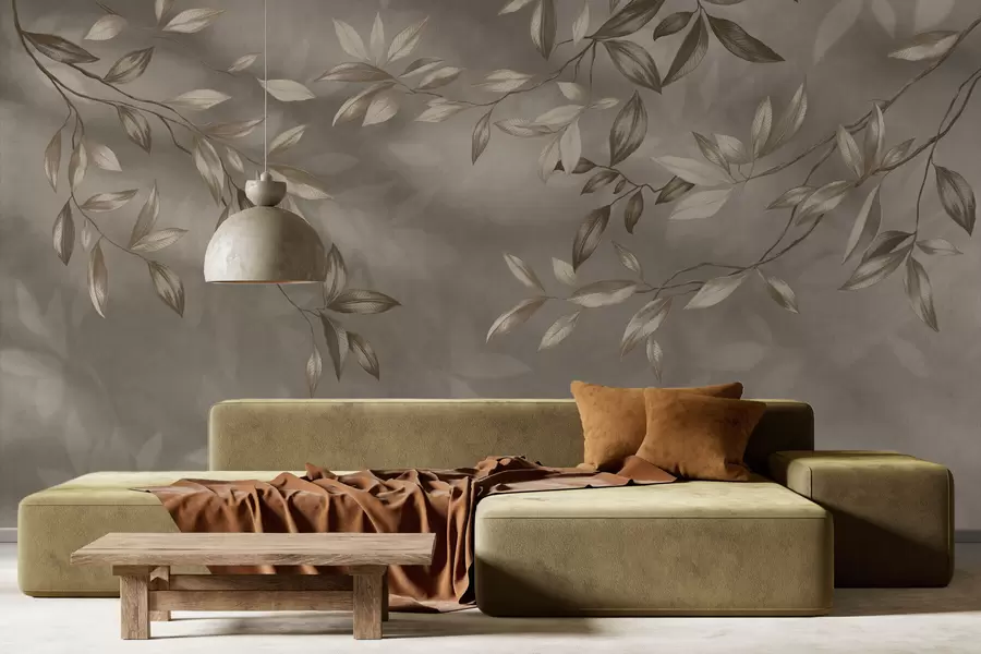 fototapet Ramuri delicate cu frunze în nuanțe de bej pe un fundal deschis w05113v2