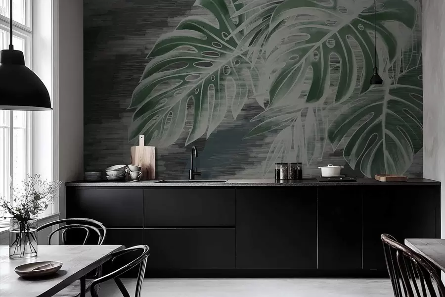 fototapet Frunze verde închis pe un fundal texturat de culoare închisă w05130v4