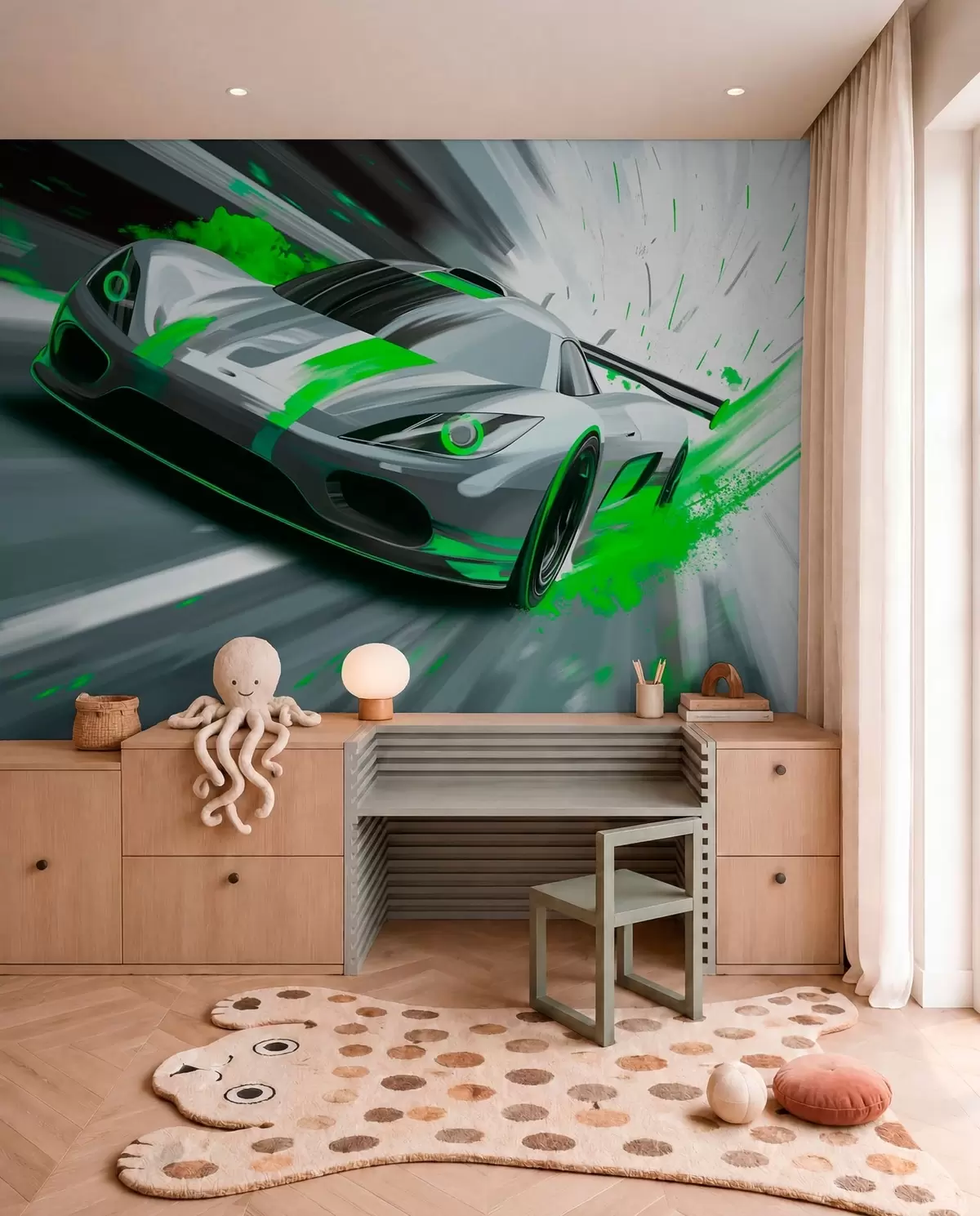 fototapet mașină sport dinamică în stil de desen digital cu accente verzi w05069v4