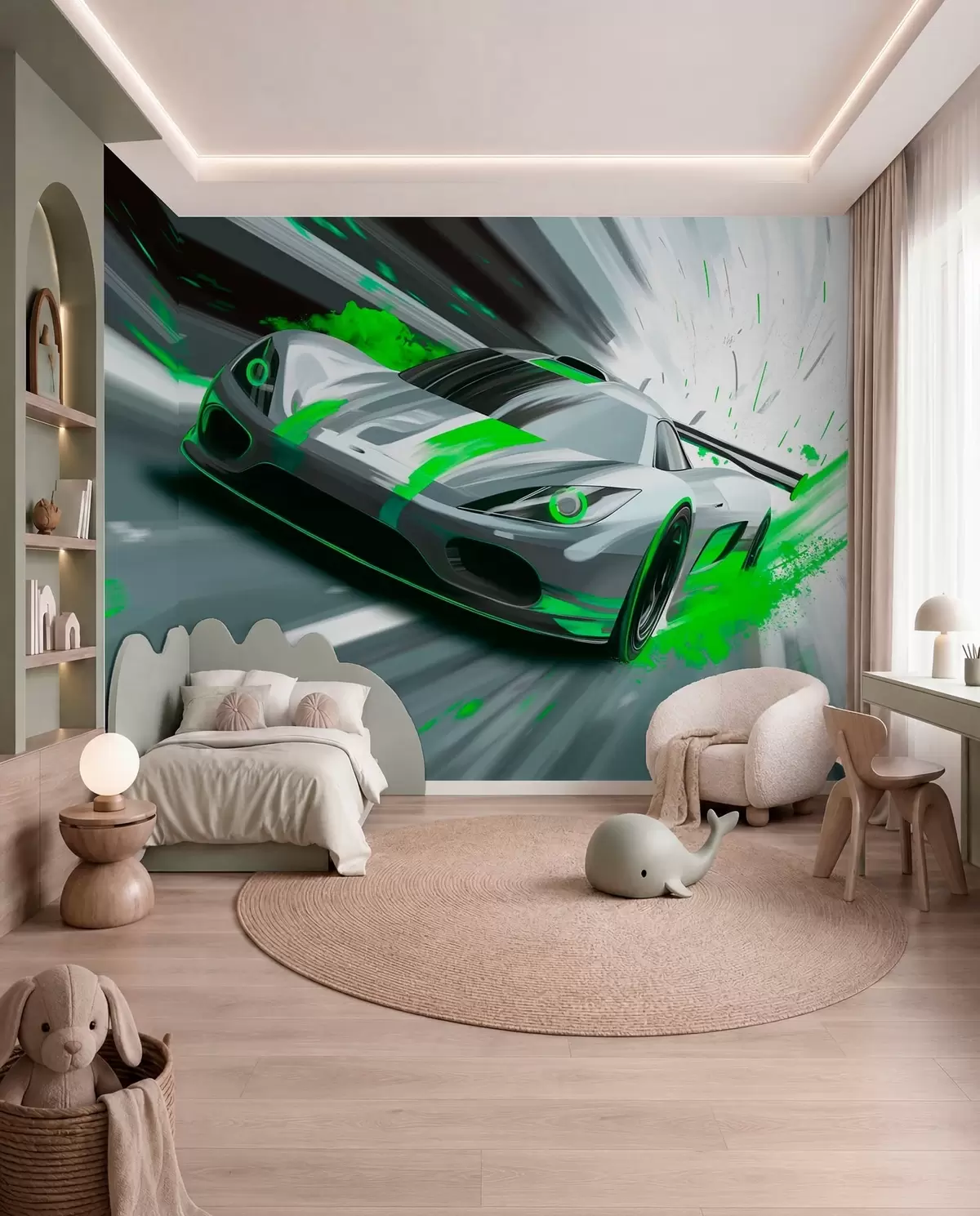 fototapet mașină sport dinamică în stil de desen digital cu accente verzi w05069v4