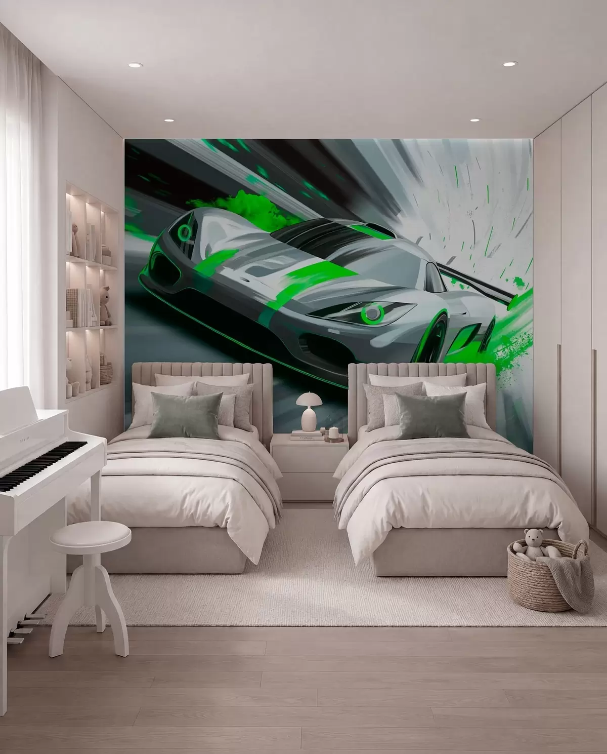 fototapet mașină sport dinamică în stil de desen digital cu accente verzi w05069v4