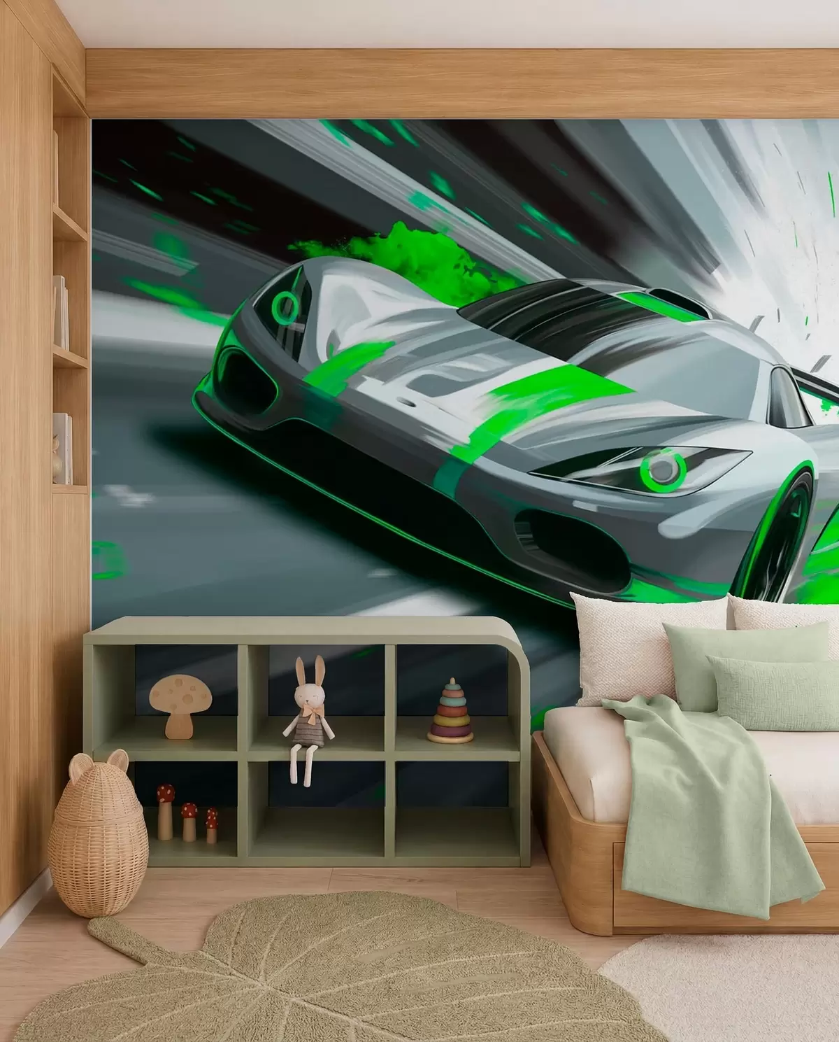 fototapet mașină sport dinamică în stil de desen digital cu accente verzi w05069v4