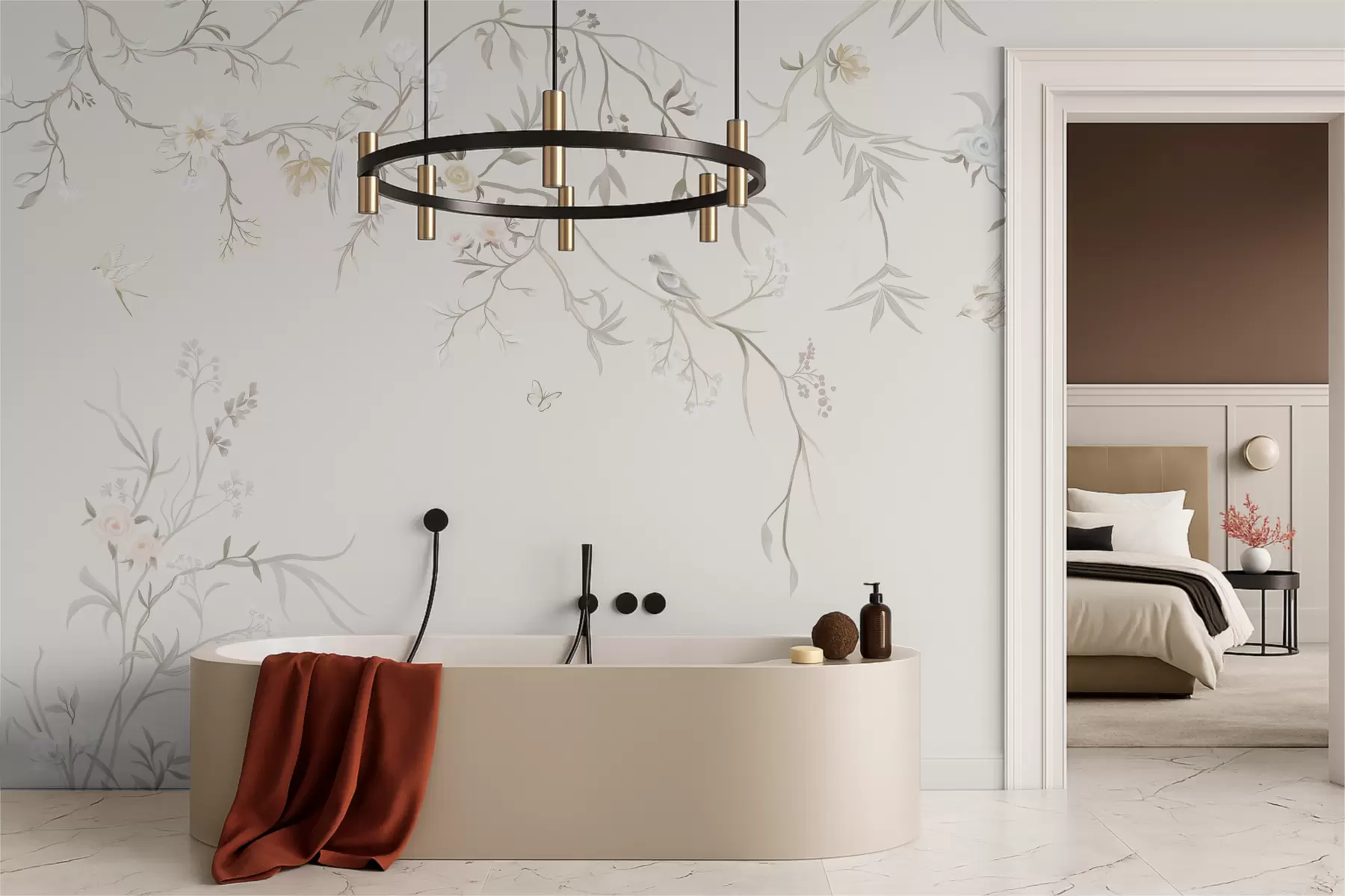 fototapet Flori delicate și păsări pe un fundal de cretă w05127