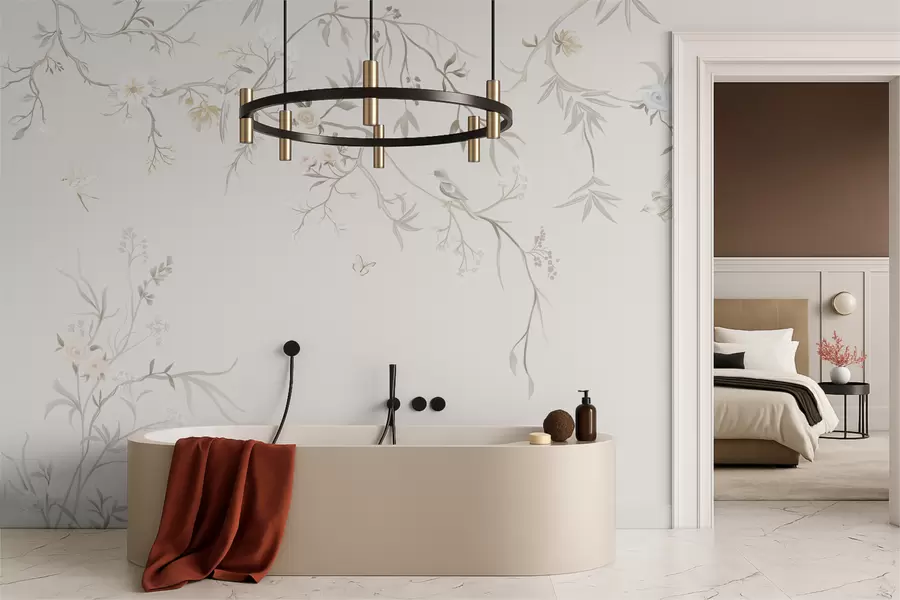 fototapet Flori delicate și păsări pe un fundal de cretă w05127