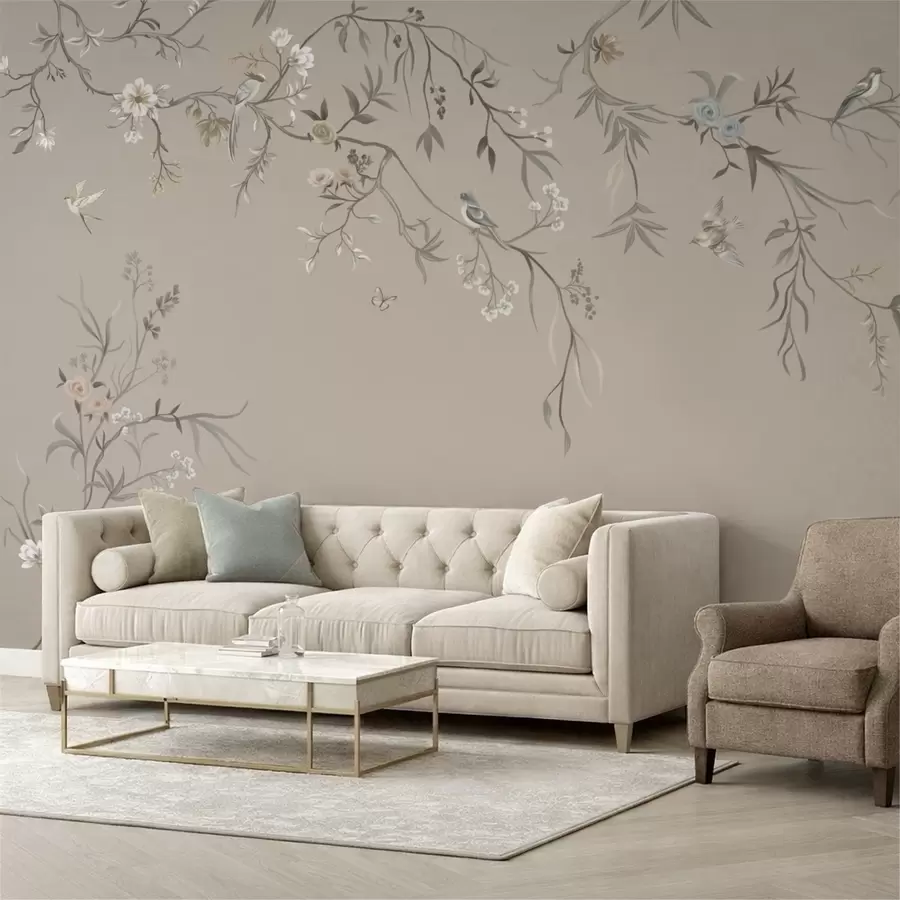 fototapet Ornament floral cu păsări pe fundal neutru w05127v3