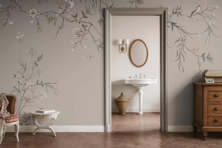 fototapet Ornament floral cu păsări pe fundal neutru w05127v3