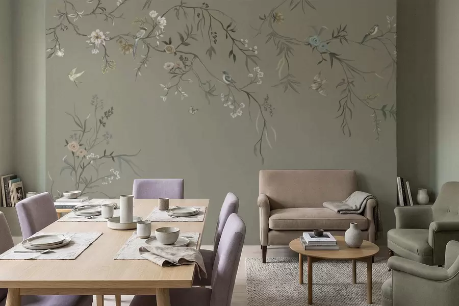 fototapet Motiv floral cu păsări pe fundal gri w05127v4