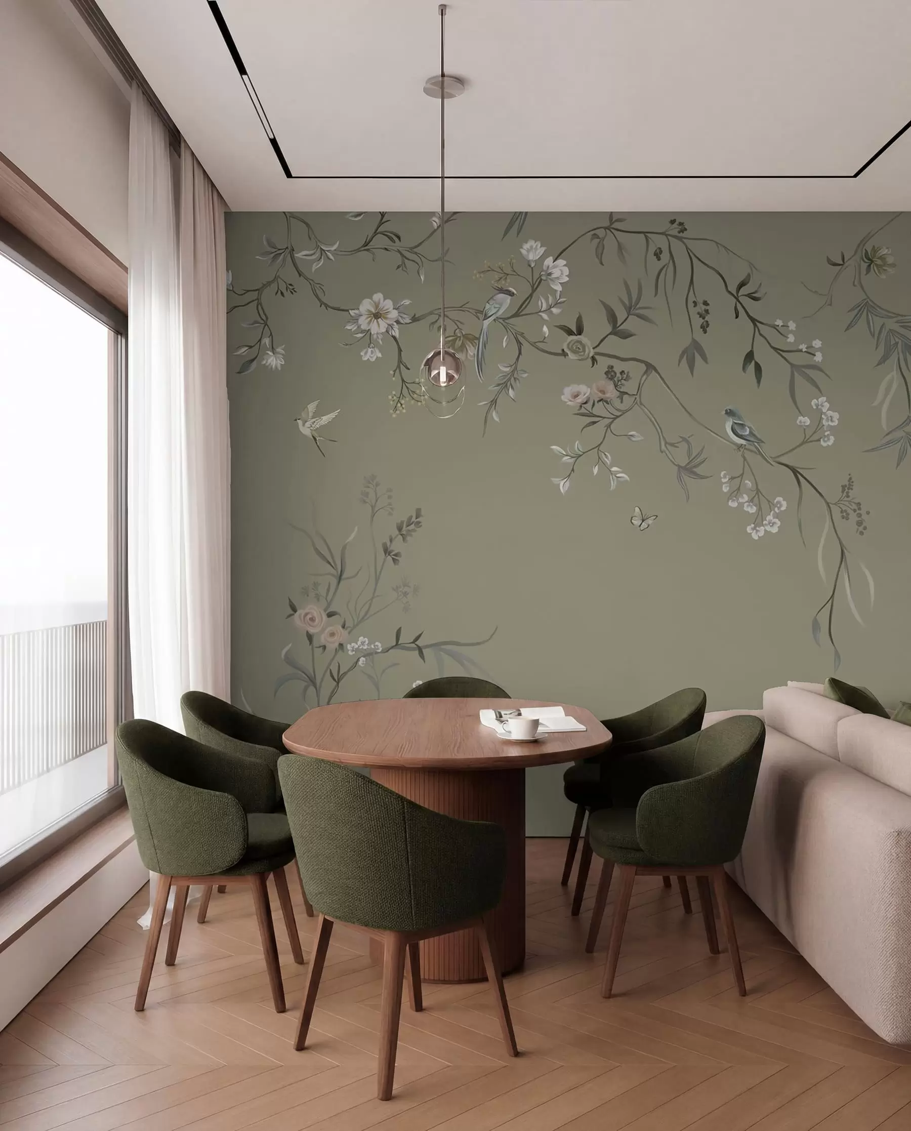 fototapet Motiv floral cu păsări pe fundal gri w05127v4