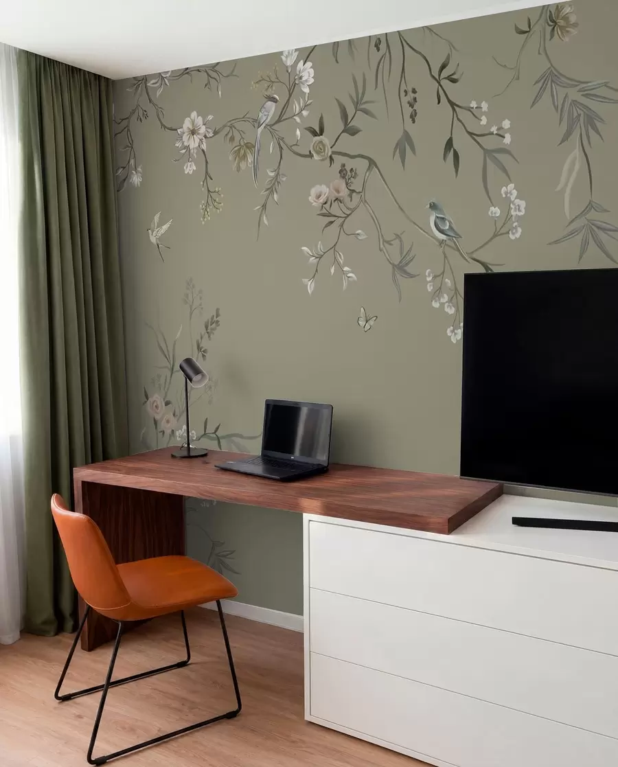 fototapet Motiv floral cu păsări pe fundal gri w05127v4